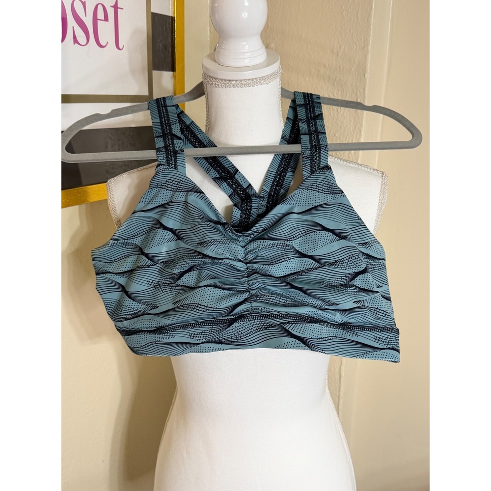 Handful Y-Back Sports Bra Teal Black Wavy Dot Print Cinched Front Womens XL